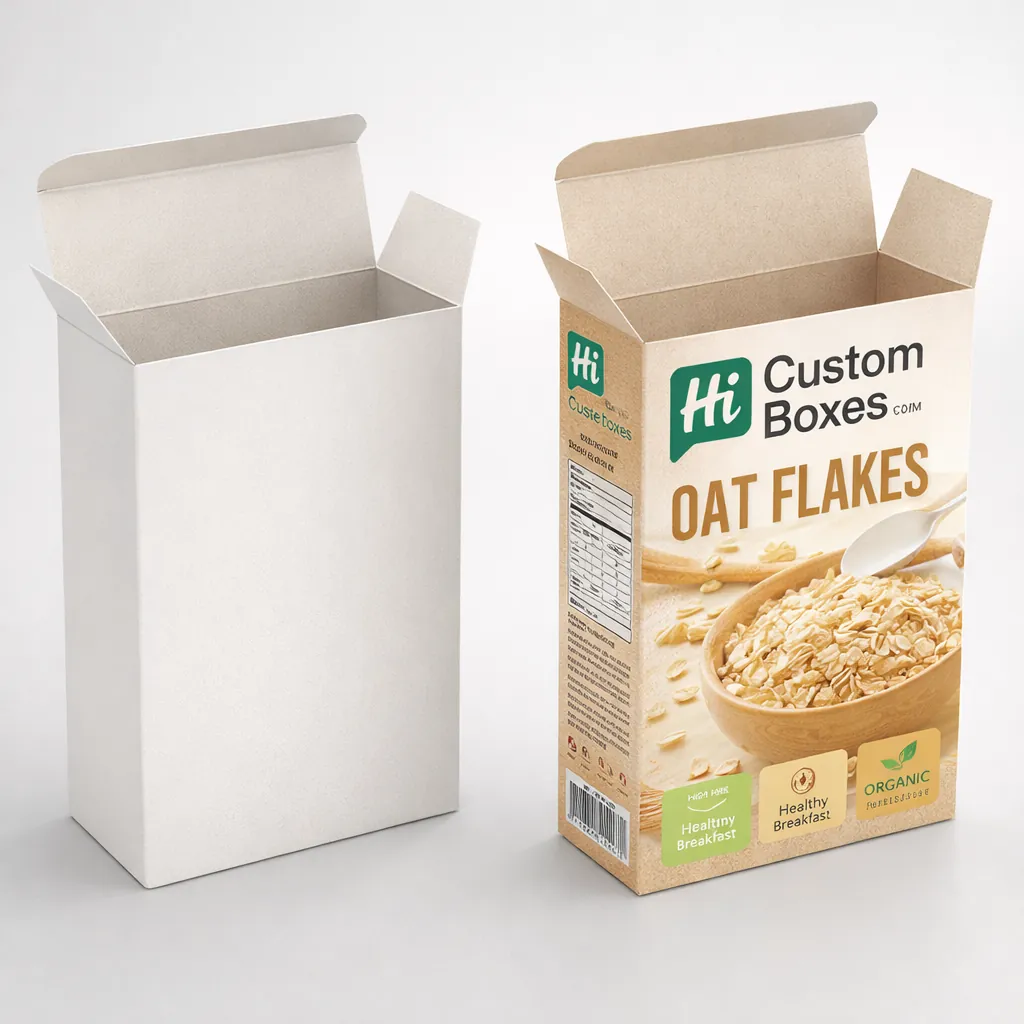 Open top cereal boxes showing a plain white mock-up alongside a printed oat flakes packaging design.